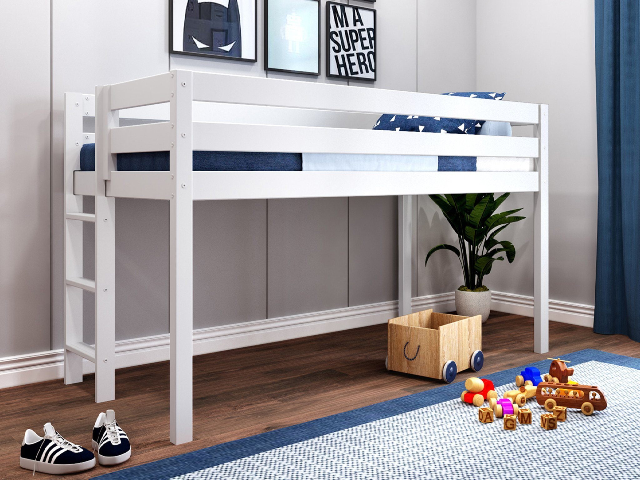 JACKPOT! Contemporary Low Loft Twin Bed with End Ladder Loft Bed White