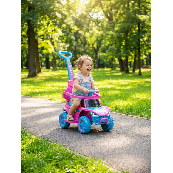 RoverKid 2-in-1 Toddler Sport Ride On & Push Car (Ages 2+) — Pink & Blue, Leather Seat, Music, Parent Push Handle, Kids Ride-On Toy