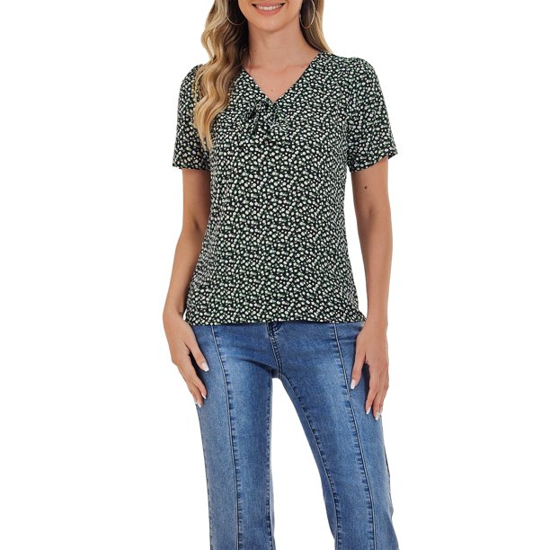 INSPIRE CHIC Blusa suelta de manga corta con cuello en V y lazo impresa para mujer en negro S