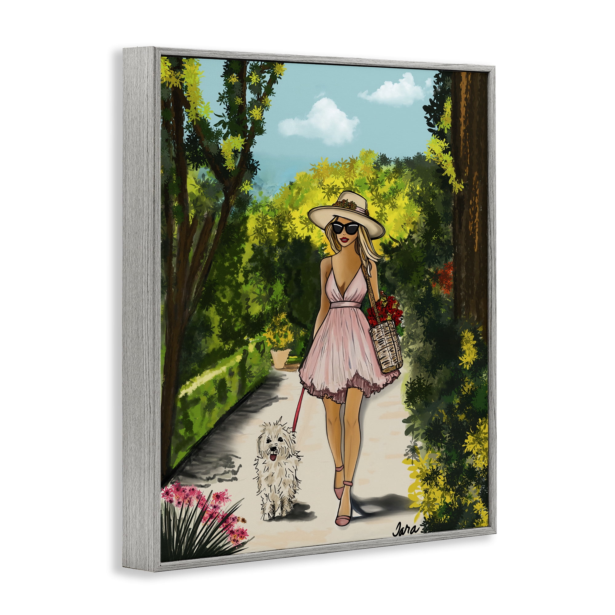 Stupell Industries Garden Girl Strolling with Pup Gray Framed Giclee Art, design by Tara Boone