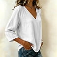 thumbnail image 4 of Womens Summer Casual Imitation Cotton And Linen Tunic Blouse 3/4 Sleeve V Neck Peasant Shirts Beach Vacation Tees | CSEONE,White L, 4 of 5
