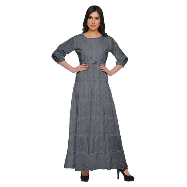 Moomaya Robe Longue Maxi Imprimée à Col Rond, Manches 3/4, avec Taille à Cordon