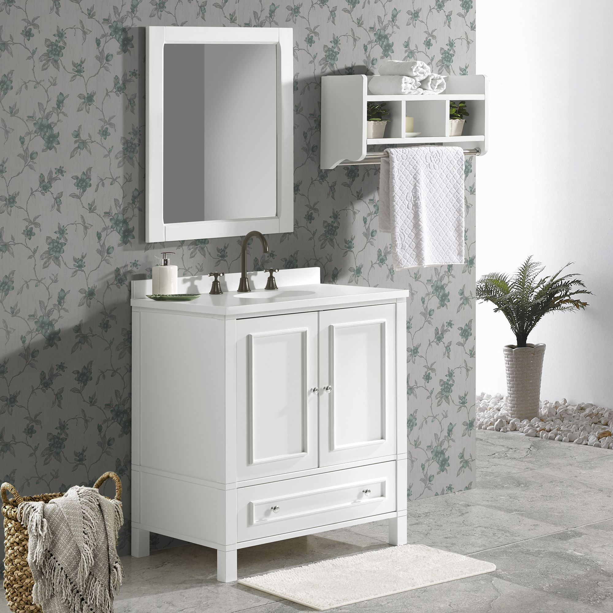 Alaterre Furniture 30in Wood Bathroom Vanity with Soft-Close Doors, White
