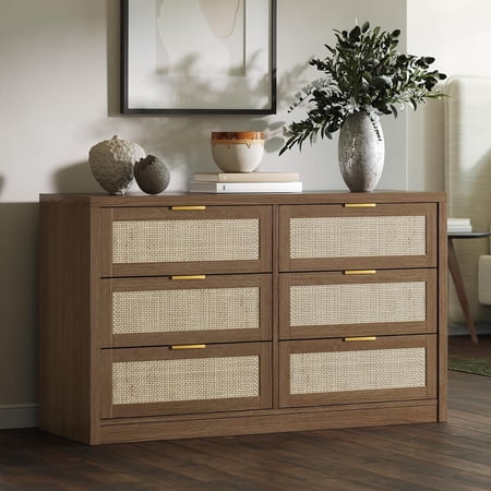 Home 6 Drawer Dresser for Bedroom 52.7 Wide Rattan & Wooden Chest of Drawers with Gold Handles – Farmhouse TV Stand Entryway Table Modern Storage Cabinet for Living Room Bedroom Closet