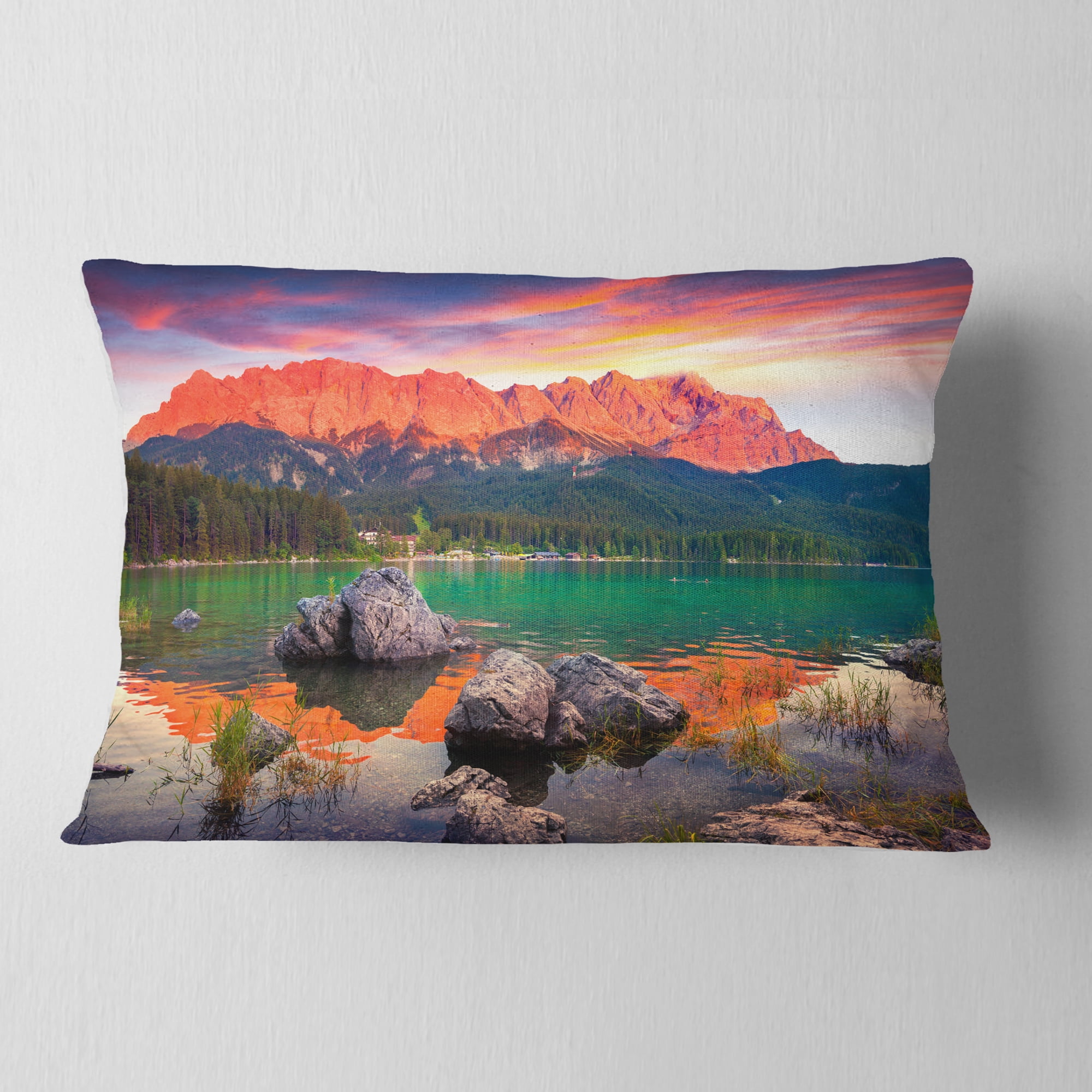 Designart Colorful Eibsee Lake Sunset - Landscape Photo Throw Pillow - 12x20