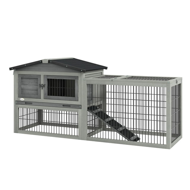 PawHut Wooden Rabbit Hutch w/ Ramp Openable Roof Pull-out Tray, Light Grey