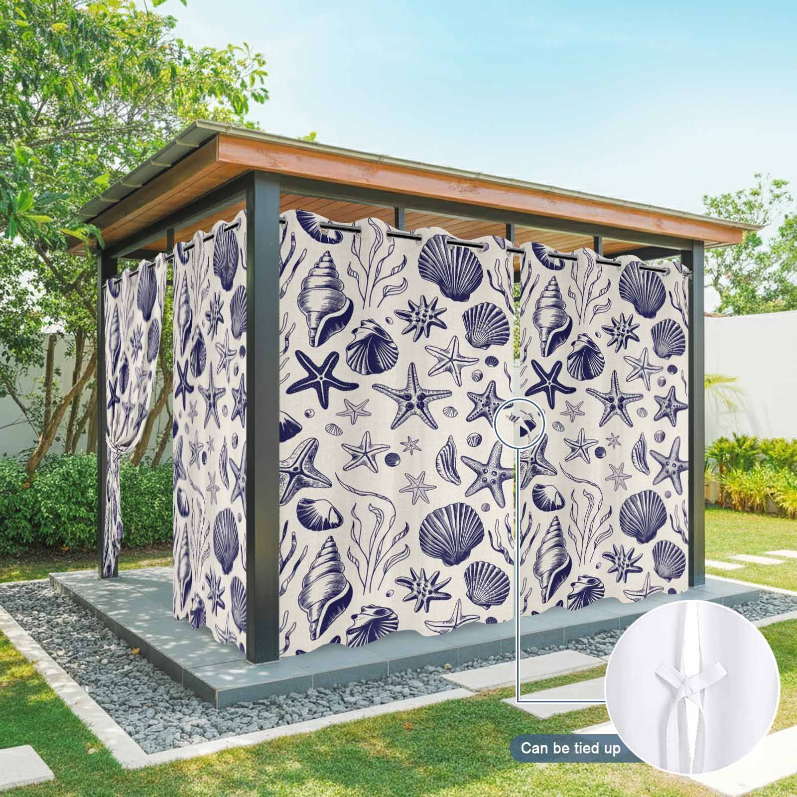 Summer Marine Life Outdoor Curtains for Patio, Black Line Ocean Shell Starfish Sea Conch Seaweed Sunshade Privacy Drapes Grommet Waterproof Outside Curtains for Porch Balcony 54"x 108", 1 Panel