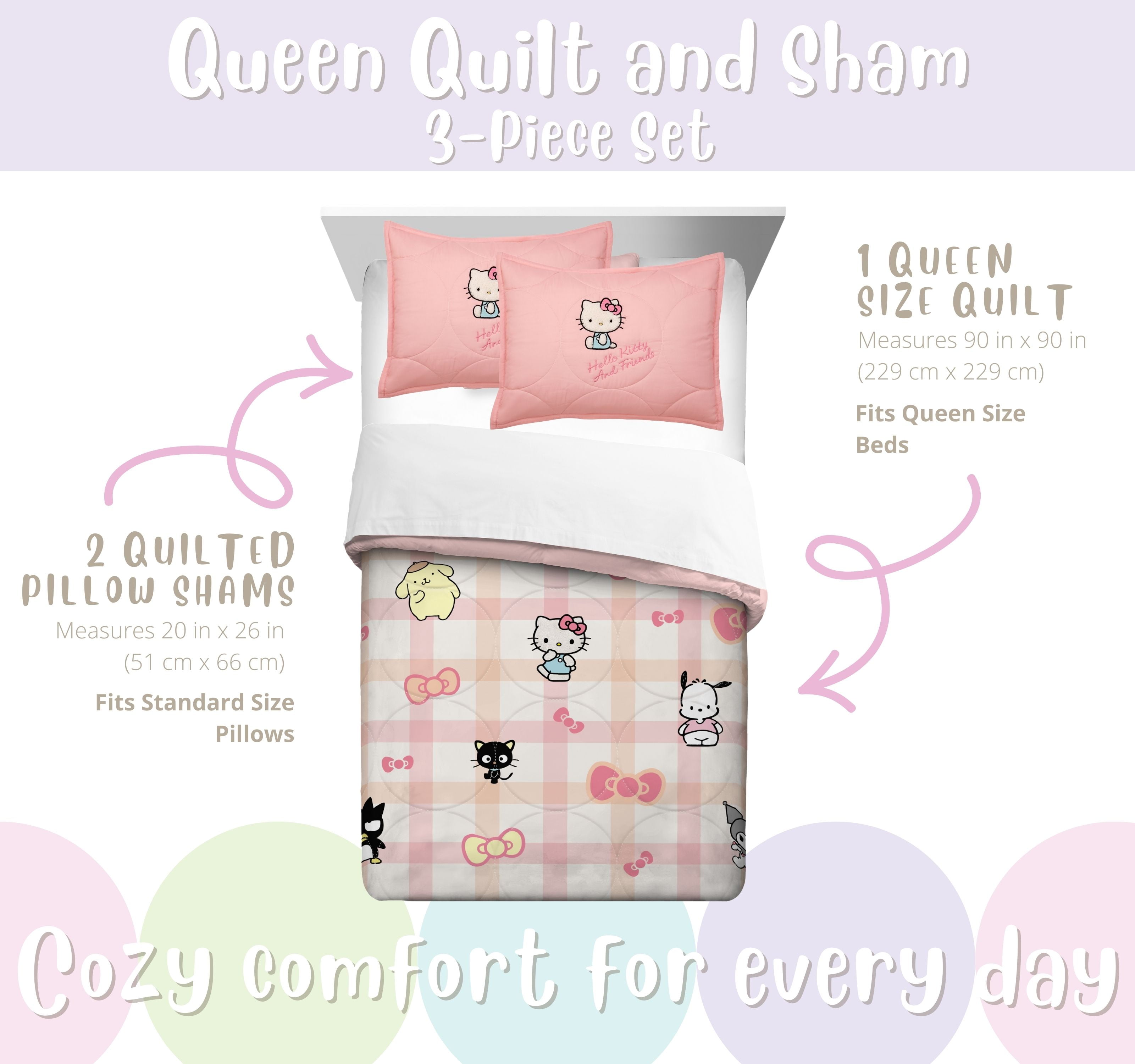 Hello Kitty and Friends Pink Plaid Quilt and Sham Set, Queen, Sanrio