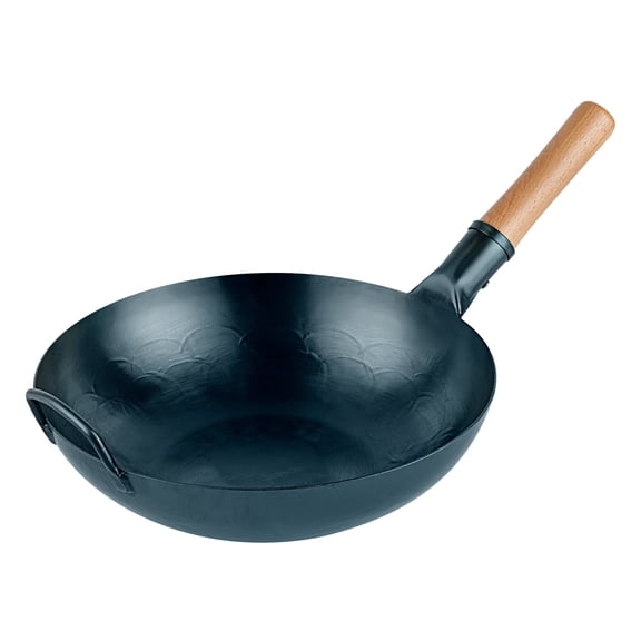 Restaurantware Carbon Steel Wok 10 Pack of 14 Inch Heavy-Duty Stir Fry Pan Blue Hand Hammered Wok Efficient Maneuvering Steel Helper Handle Uniform Heat Distribution Asian Cooking