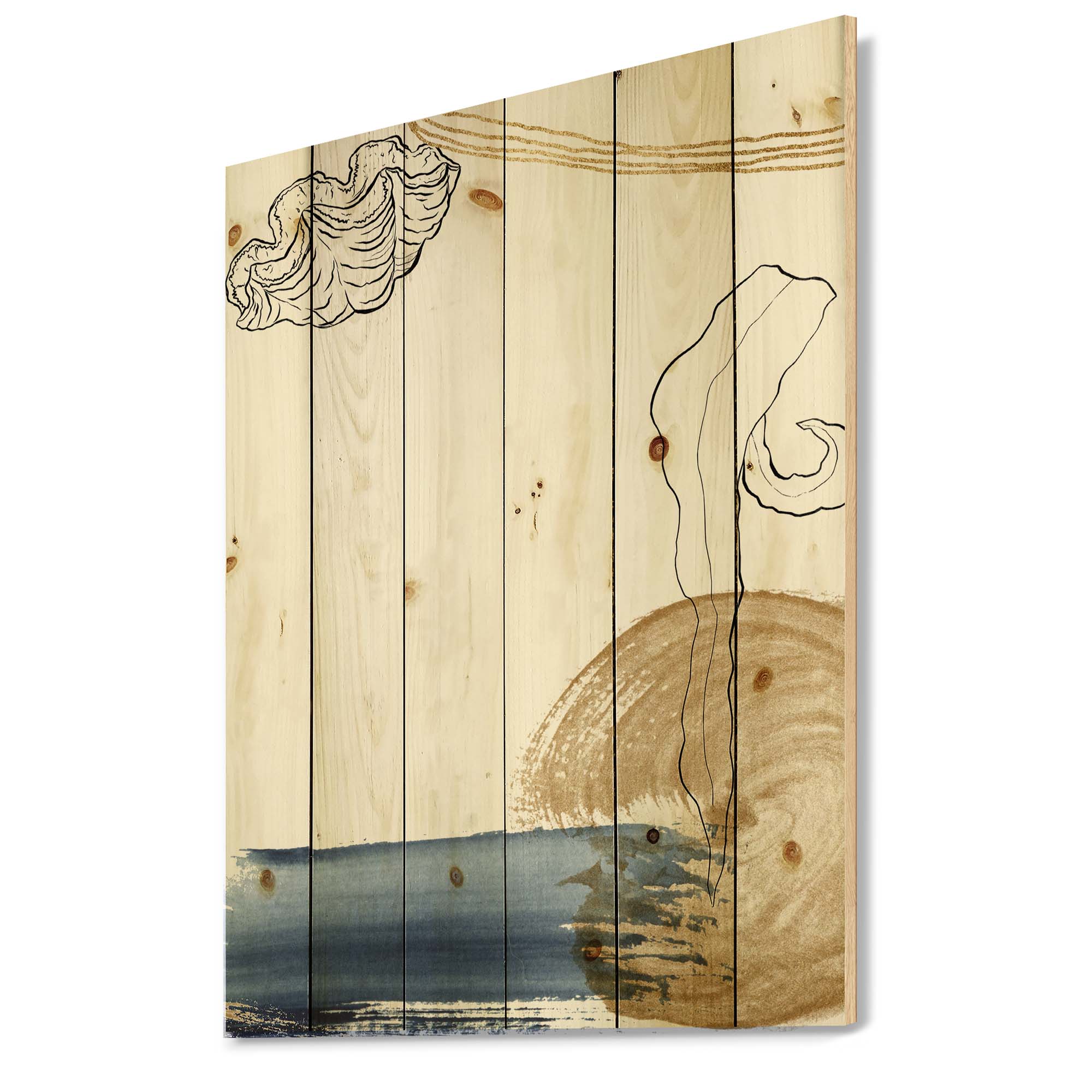 Designart 'Golden Marine Shell Classic Blue Abstract ' Farmhouse Print on Natural Pine Wood