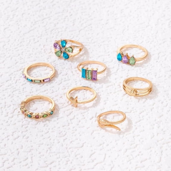 8Pcs 8 Styles Colorful Rhinestone Flower & Rectangle & Teardrop & Eye & Snake Finger Rings Set Alloy Jewelry for Women Golden Inner Diameter: 14~17mm 1Pc/style