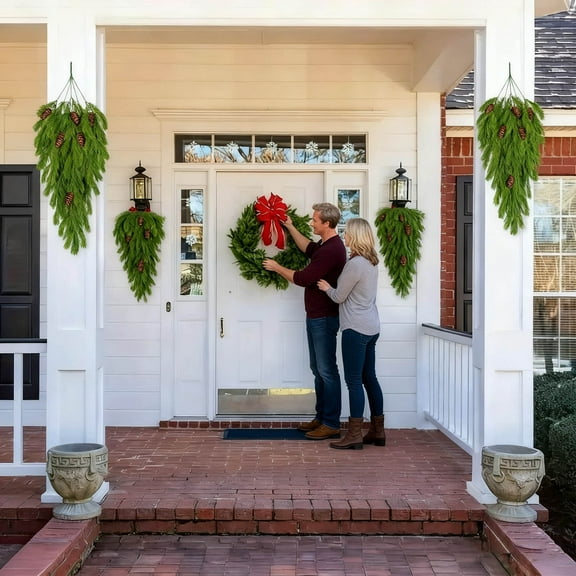 30" Artificial Christmas Teardrop Swag with Pinecones Pine Branch Teardrop Door Swag Real Touch Norfolk Wreath Greenery Staircase Swags for Xmas Door Mantle Fireplace Decor - A