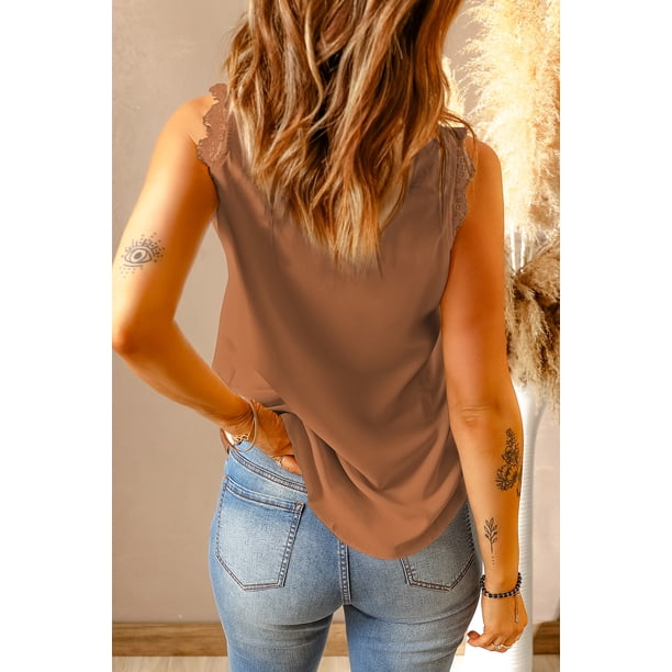 ABPHQTO Camiseta sin mangas con cuello en V y encaje de pestañas naranja para mujer