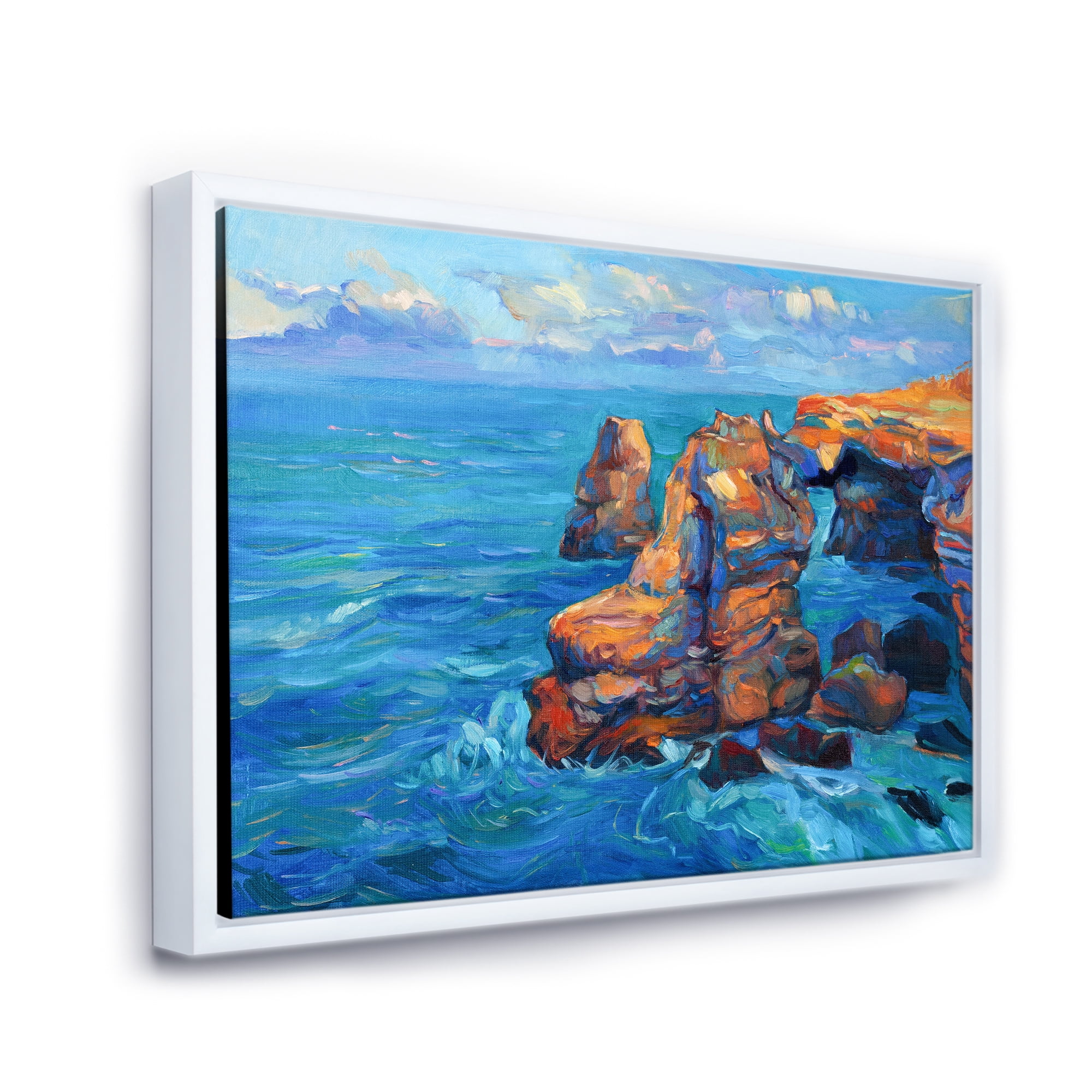 The Blue Ocean By Rocky Cliffs 20 in x 12 in Framed Painting