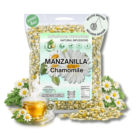 Manzanilla TE (Chamomile Flowers) 4 oz. 113g Tea Loose Leaf, Herb, Vegan, 100% Natural+ Tea Strainer Stainless, Infuser Tea Ball for Loose Leaf