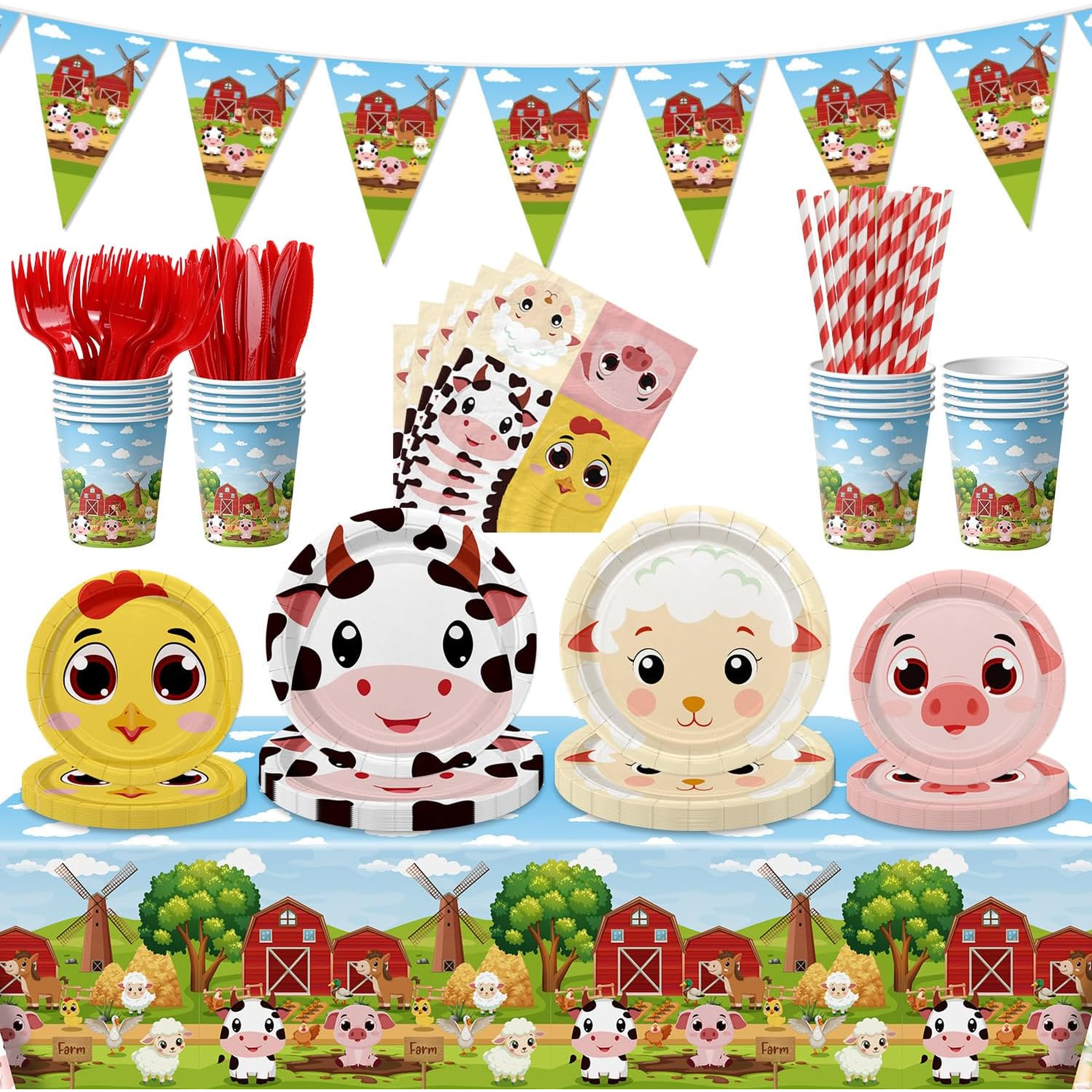 Farm Birthday Party Supplies, Including Farm Napkins Farm Animal Plates Tablecloth Banner and Dinnerware for Farm Theme Birthday Decorations, Serves 20