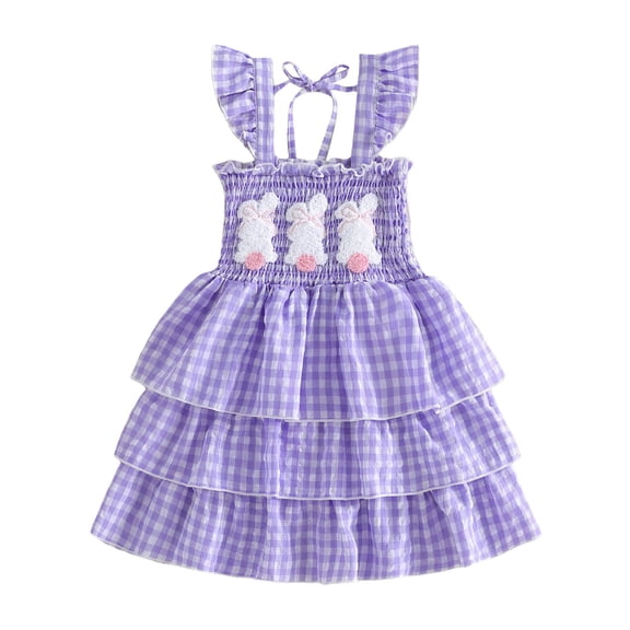 CUZIBR Girls Baby Summer Easter Dresses Plaid Smocked Cute Cartoon Bunny Embroidery Sleeveless Spaghetti Strap Ruffed Tiered A-Line Dress High Waist Fashionable Soft Clothes,Purple,6-12 Months