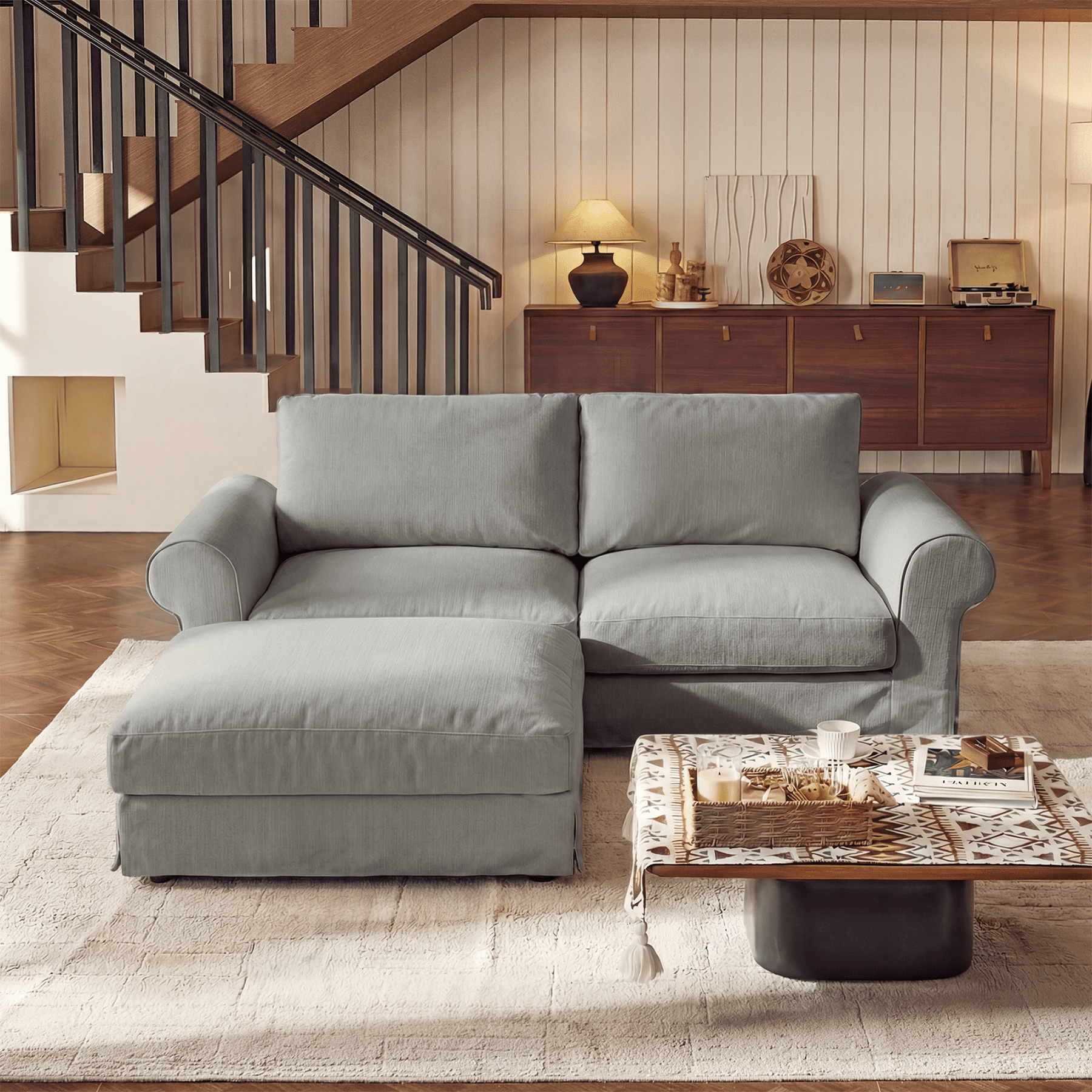 Vorthio 81.9" Oversized Loveseat Cloud Couch with Ottoman, Deep Wide Seat Slipcovered Sofa, Rolled Arms, Washable Fabric, Easy Assembly, Grey