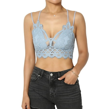 

Women s PLUS Cross Strap & Stretchy Smocked Back Crochet Lace Bralette Pad Bra Top