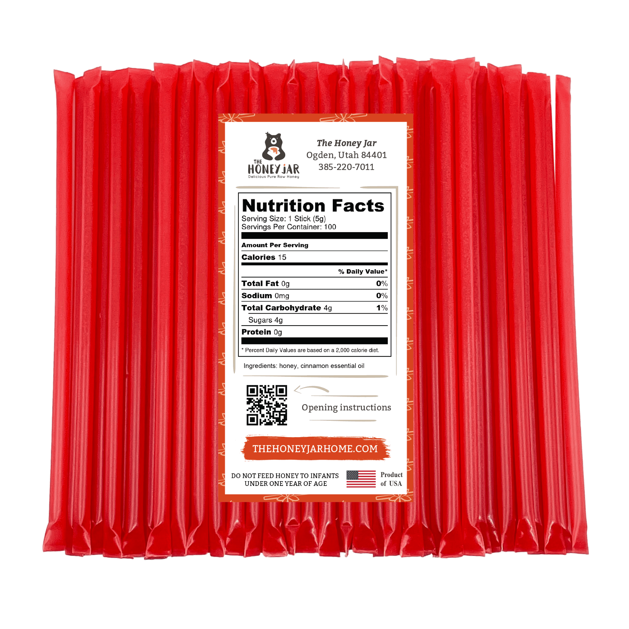The Honey Jar - Cinnamon Flavored Honey Sticks - 100 Count Package