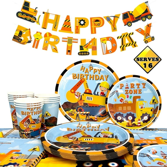 Construction Party Supplies, 66Pcs Tableware Set Included Excavator Plates Cups Napkins Tablecloth for Truck Construction Theme Party, Serves 16