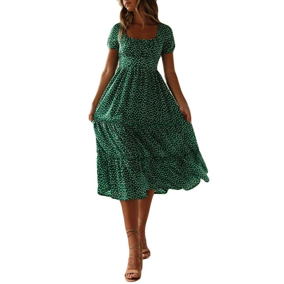 Puff Sleeve Dress for Women Fashion Women Sexy Little Daisy Print Puff Sleeve Square Neck Dress