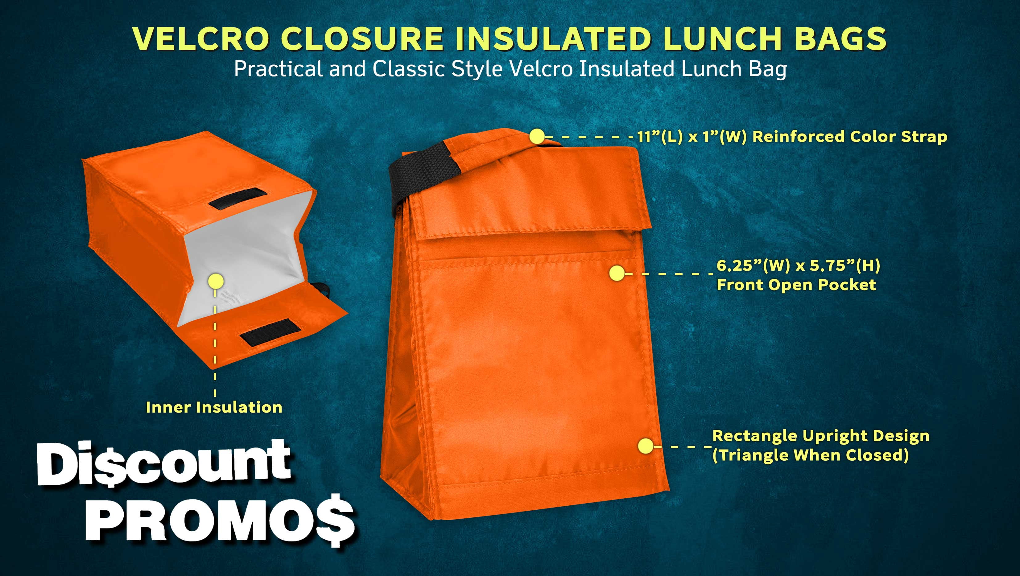 10 Hook and Loop Insulated Lunch Bags Set - Polyester, Durable, Vibrant, Reusable - Orange