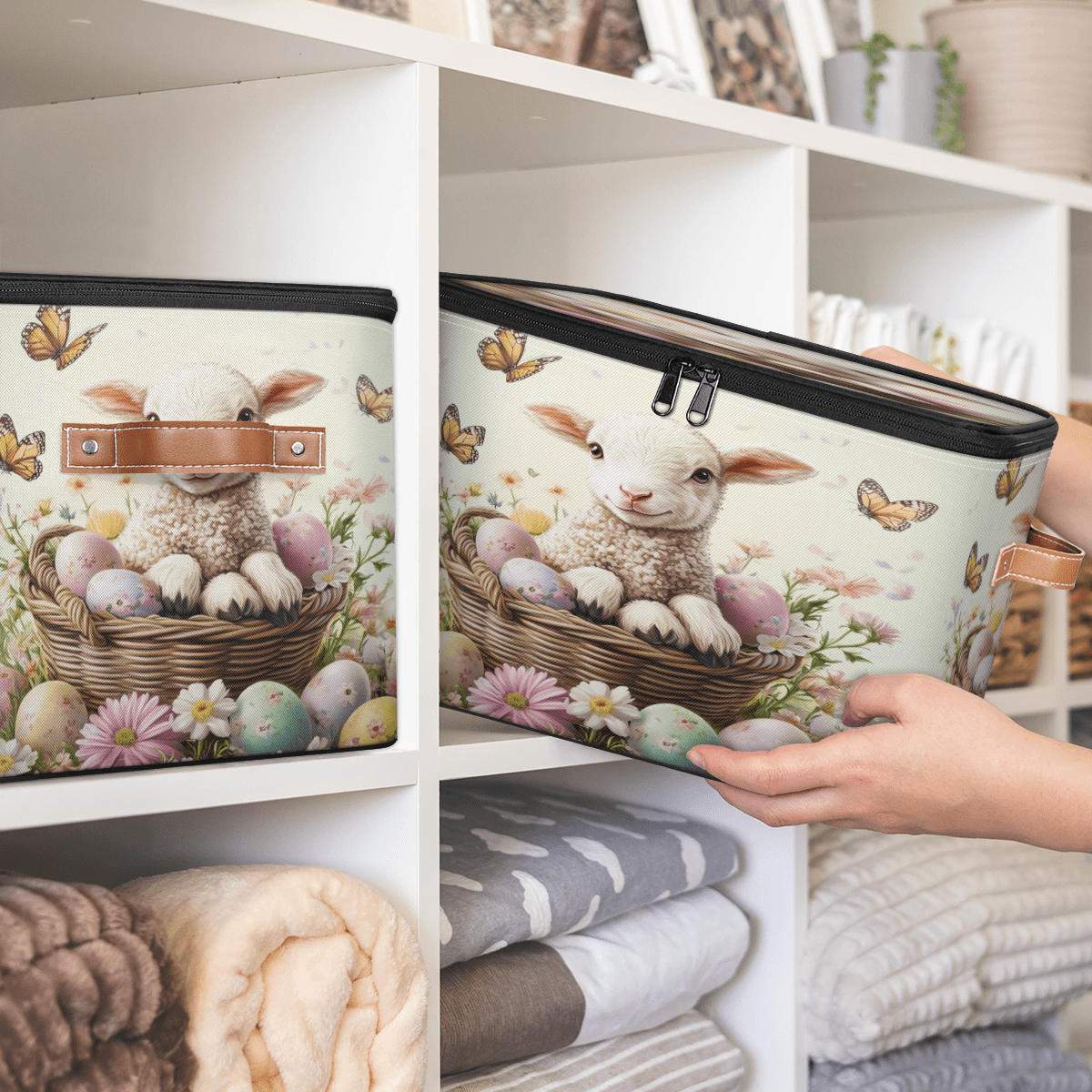 ADECORIVY Cute Lamb Flower Storage Bin with Lid Fabric Easter Foldable Storage Baskets Boxes for Clothes Shelves Closet Organizer Containers with Leather Handles for Wardrobe