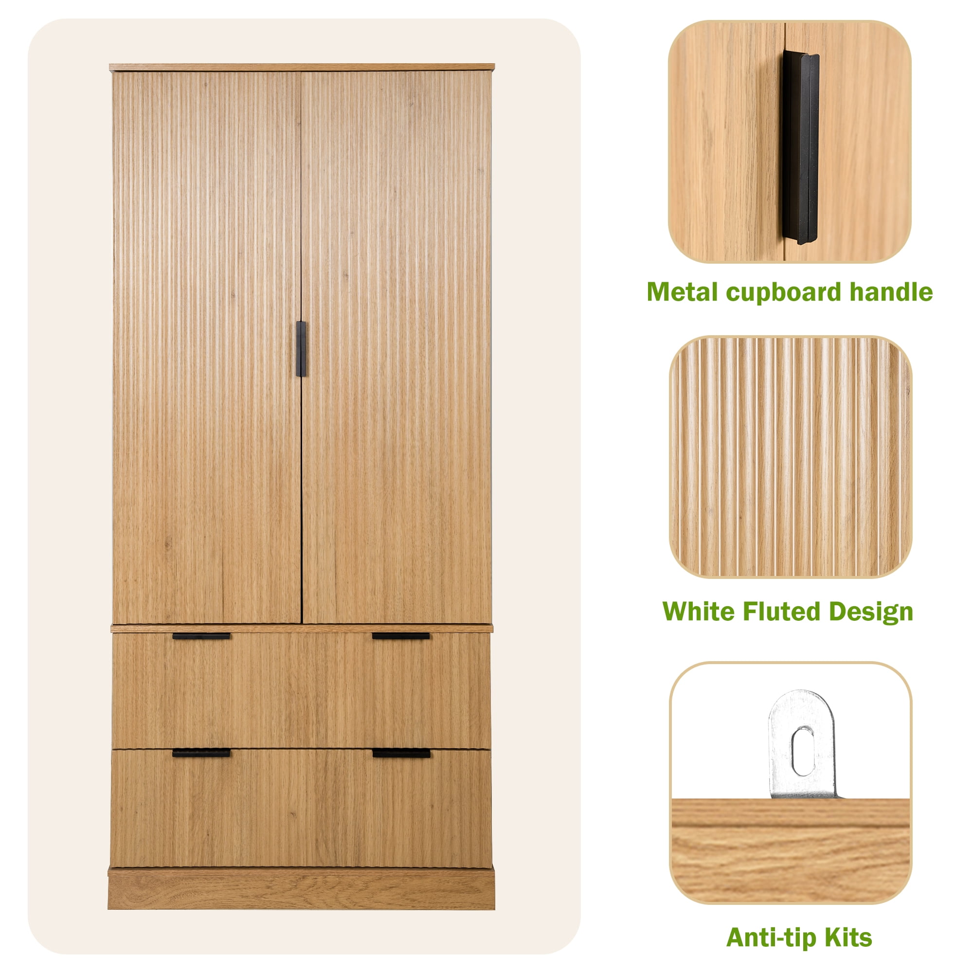 Howcool 72"H Fluted Kitchen Pantry Cabinet,Freestanding Storage Organizer with 2 Large Drawers,8-Door Spice Racks & Adjustable Shelves for Kitchen,Dining Room,Bathroom,Entryway,Oak