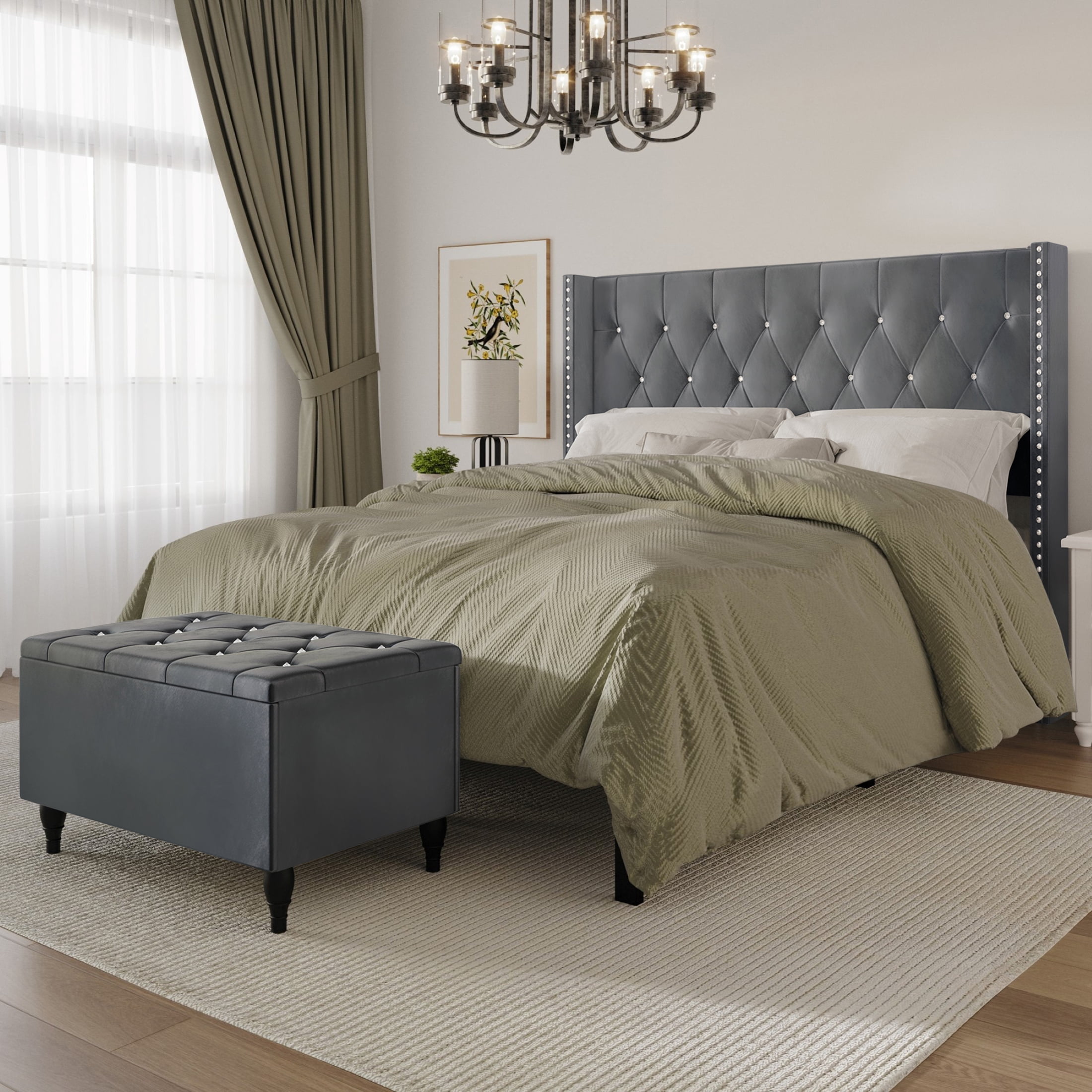 Castle Place Button Tufted Wingback Velvet Upholstered Bed with Storage Bench, Light Grey, King