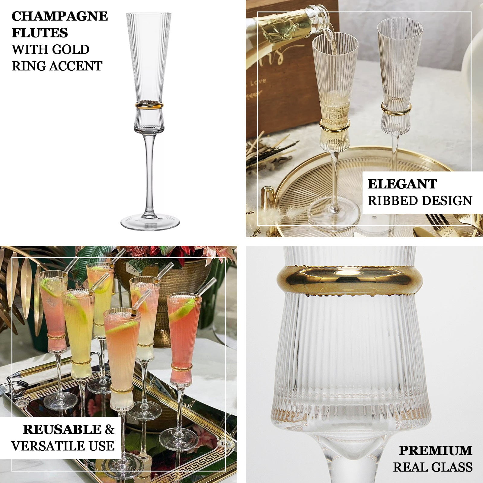 Efavormart 6-Pack Champagne Flutes – 6oz Real Glass, Clear Ribbed Stemware with Gold Ring Accent, Elegant Toasting Glasses for Weddings, Parties & Celebrations – 10" Tall
