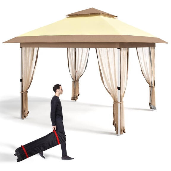 11'x11' Gazebo Canopy Tent with Curtains, Pop Up Outdoor Shelter with Mosquito Netting for Patio, Backyard Party, 2-Tiered Vented Top, 121 Square Feet of Shade, Beige