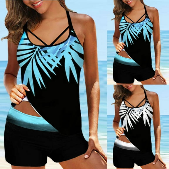 Jacenvly Womens Tankini Swimsuits 2 Piece Breathable Women Plus Size Print Strappy Back Set Two Piece Swimdress Floral Hanging Neck New Style Beach Dresses for Women Casual Summer Blue