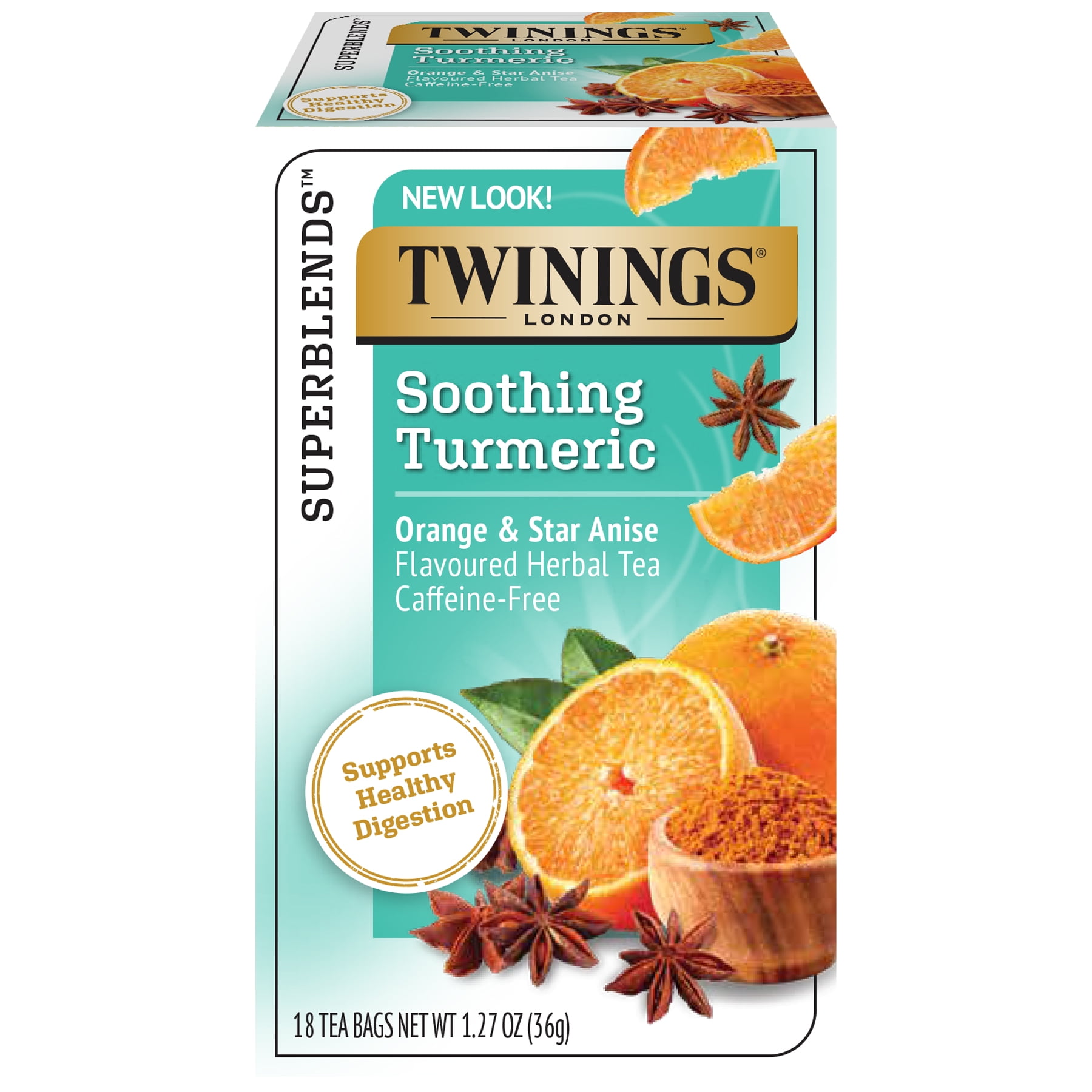 Twinings Superblends Soothing Turmeric, Orange & Star Anise Herbal Caffeine Free Tea, Supports Healthy Digestion, 18 Tea Bags