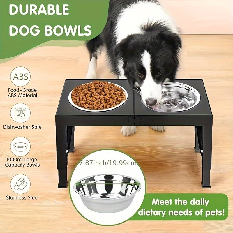 Aystkniet Adjustable Foldable Elevated Dog Bowls with 2 Stainless Steel Bowls, 5 Heights Raised Feeder, Gray
