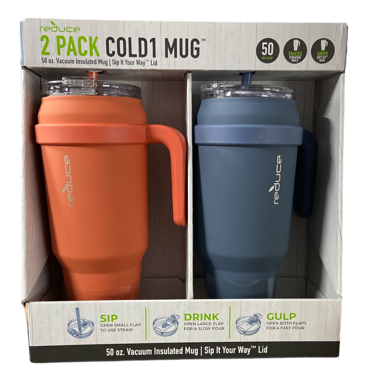REDUCE 50 oz Mug Tumbler with Handle and Straw, Stainless Steel, 2pk