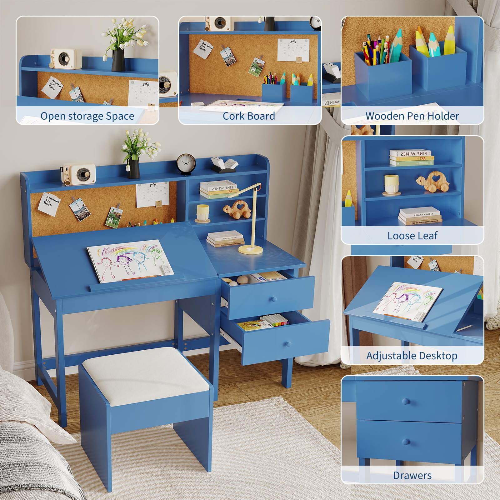 Kids Desk and Chair Set, Wooden Study Table with Adjustable Tilt Desktop, Drawers & Cork Board - Children School Learning Desk Set for Boys & Girls Ages 3-8, Blue