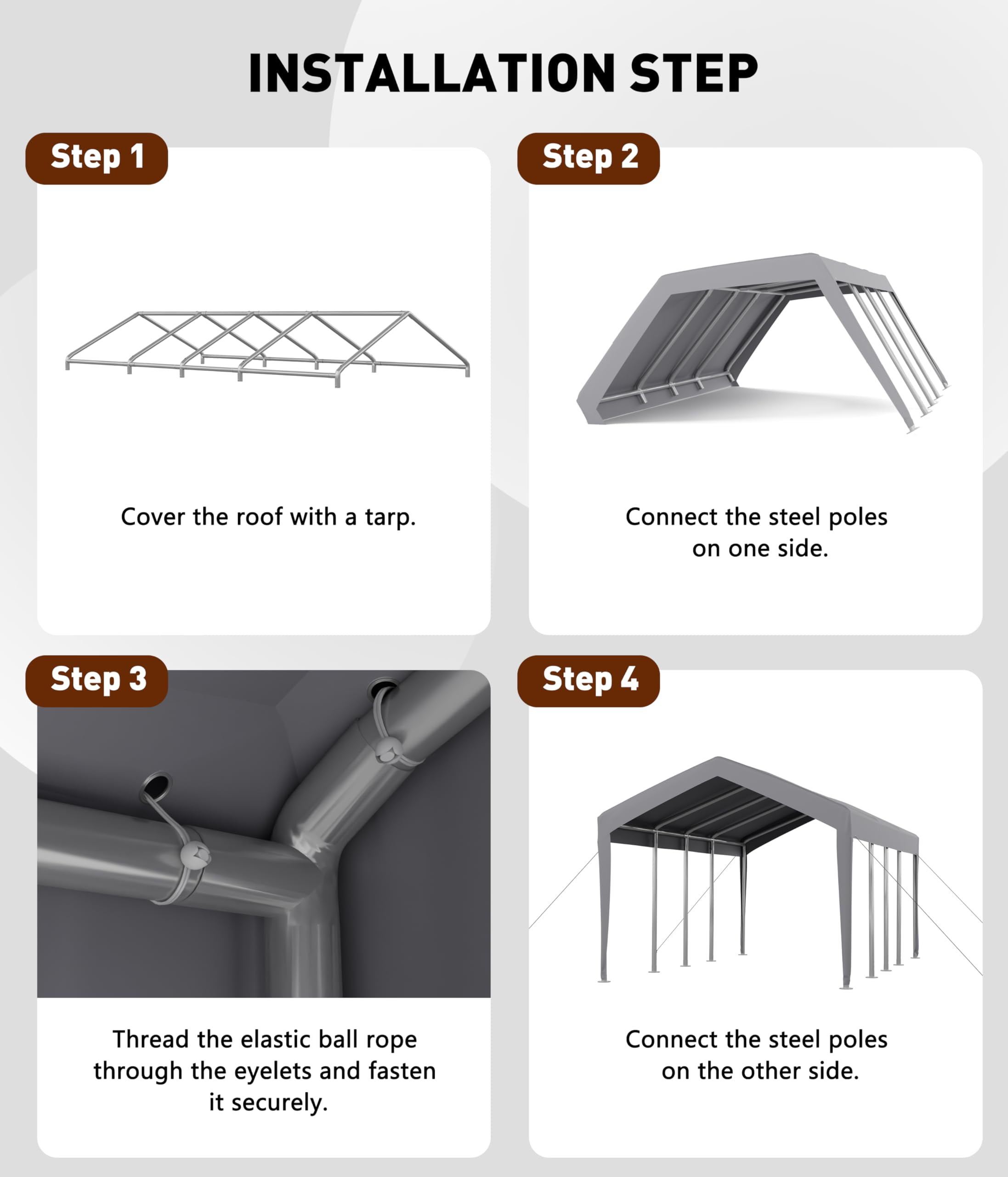 Garvee 20'x 10'x 11' Windproof Carport Top Replacement Cover, Heavy-Duty, Grey
