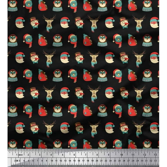 Soimoi Black Cotton Duck Fabric Animal Face,Cap & Muffler Winter Theme Print Fabric by the Yard 42 Inch Wide
