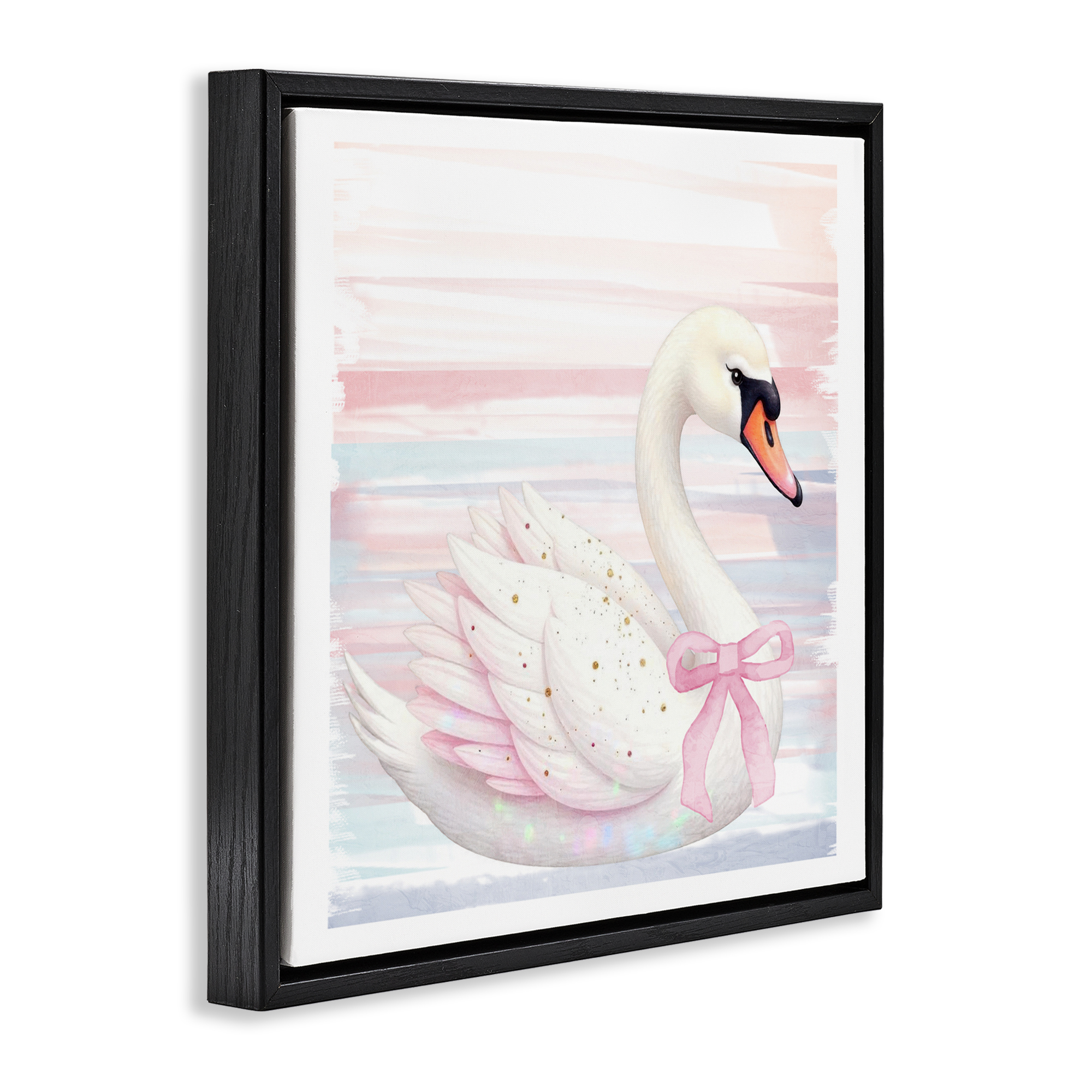 Pink Swan with Ribbon Black Framed Floater Canvas Wall Art, design by Kim Allen