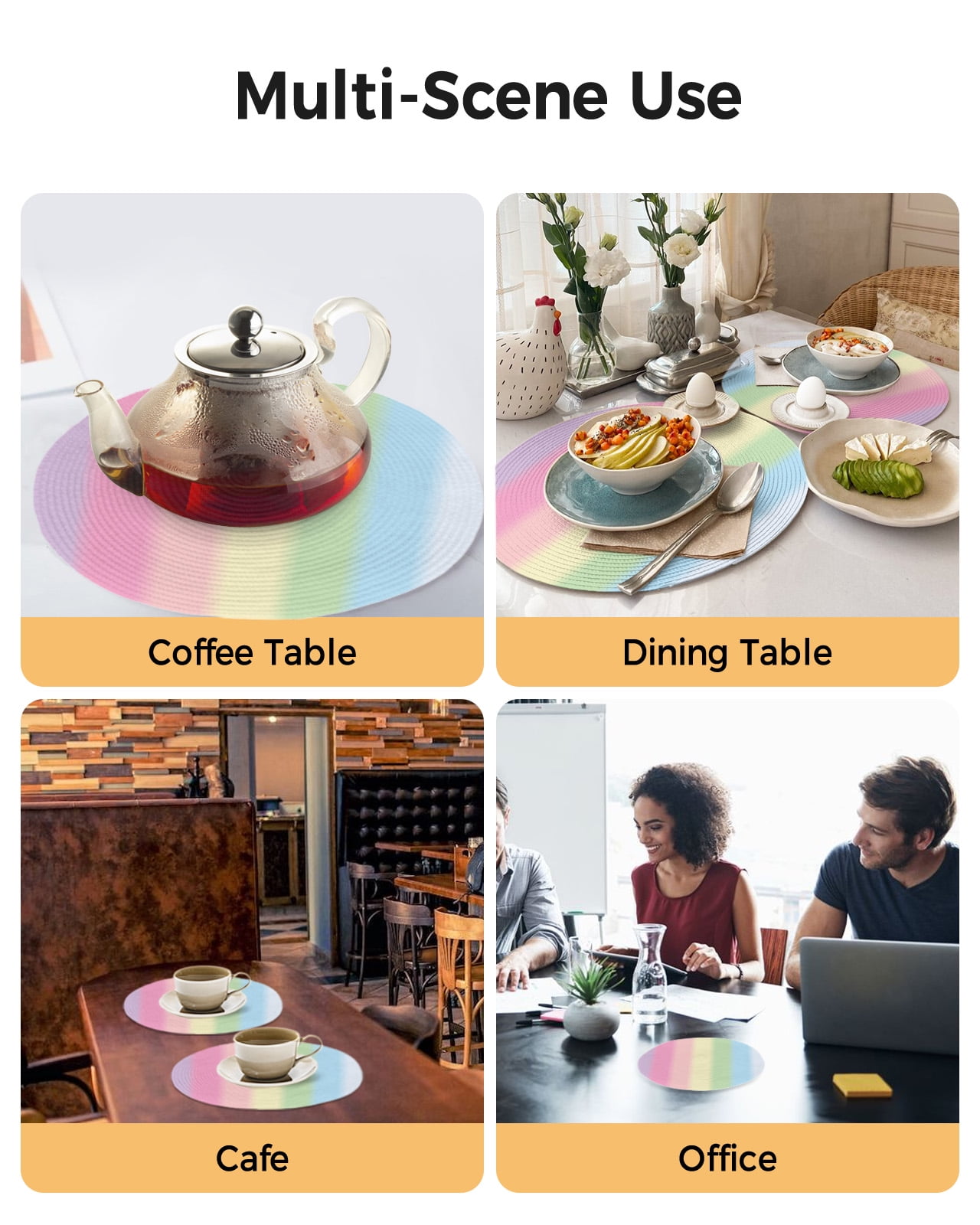 Rainbow Minimalnist Stripe Round Table Placemats set of 8, Candy Texture Washable Woven Place Mats for Dining Tables Kitchen Party Decor,Heat Proof, 13in,