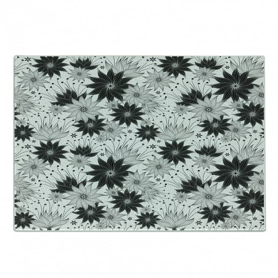 Grey Cutting Board, Illustration of Old Fashion Various Size Spiral Vintage Flowers Urban Design, Decorative Tempered Glass Cutting and Serving Board, Small Size, White Black, by Ambesonne