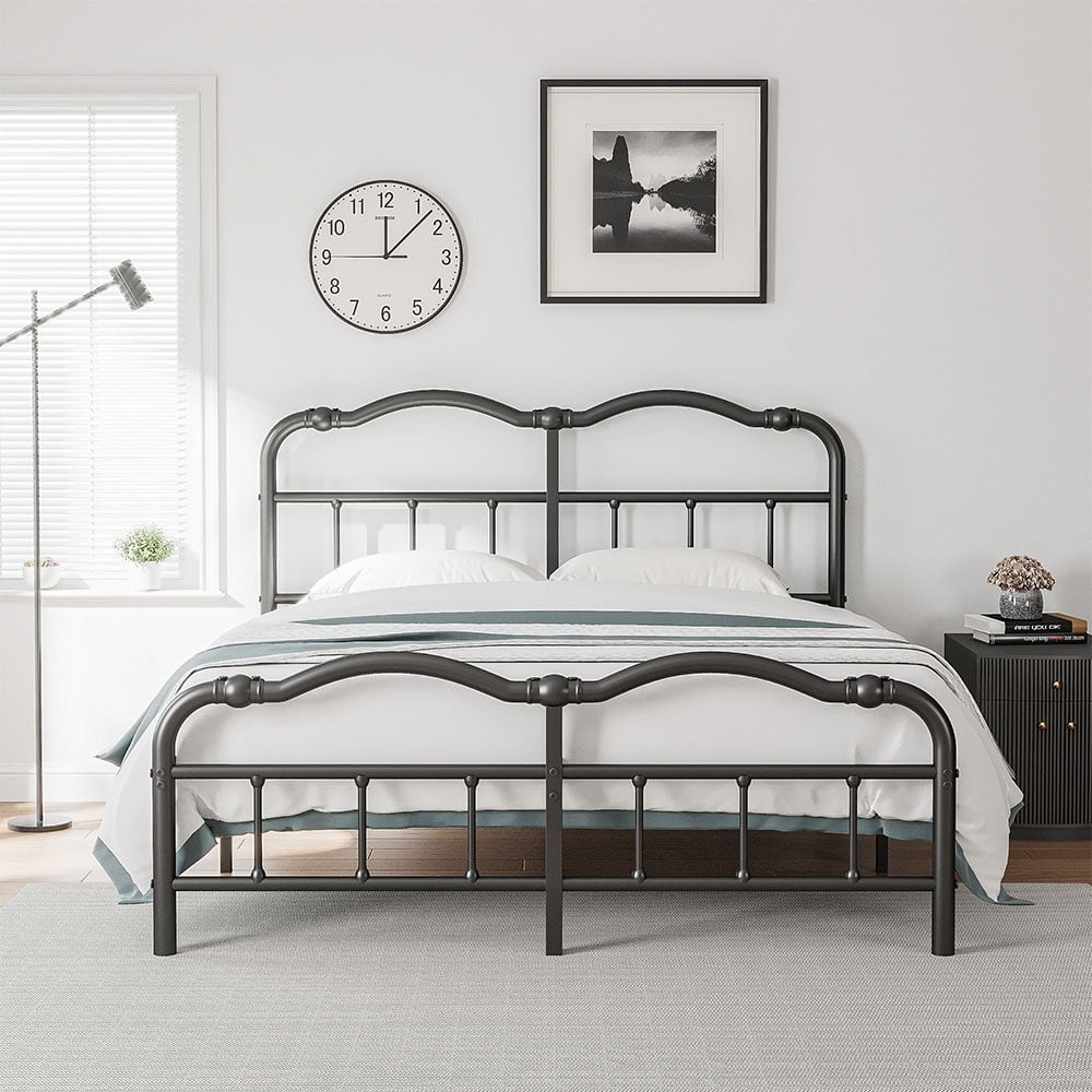 Heavy Duty Anti-Sway 18 Inch High Steel Tube Iron Bed, Double Wave Headboard And Footboard Full