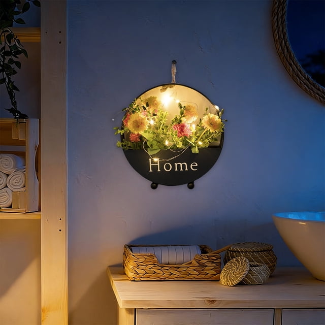 Decoración de pared con flores artificiales y luces LED, maceta metálica colgante, cartel de la casa, arte redondo para baño, dormitorio, salón, cocina, 8 pulgadas multicolor