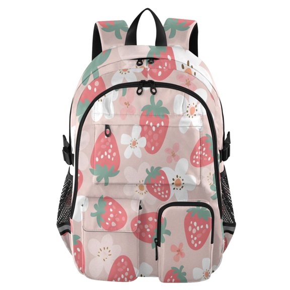 DIXRUYEE Pink Strawberr White Flower Pattern Backpack for School 14”Laptop Compatible with Reflective Safety Strips