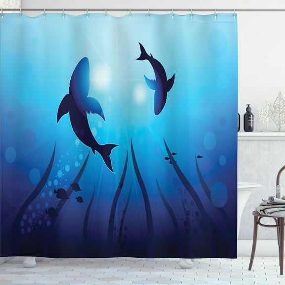 Ambesonne Deep Sea Shower Curtain, Sharks Circling Underwater, 69"Wx70"L, Sky Blue Dark Blue