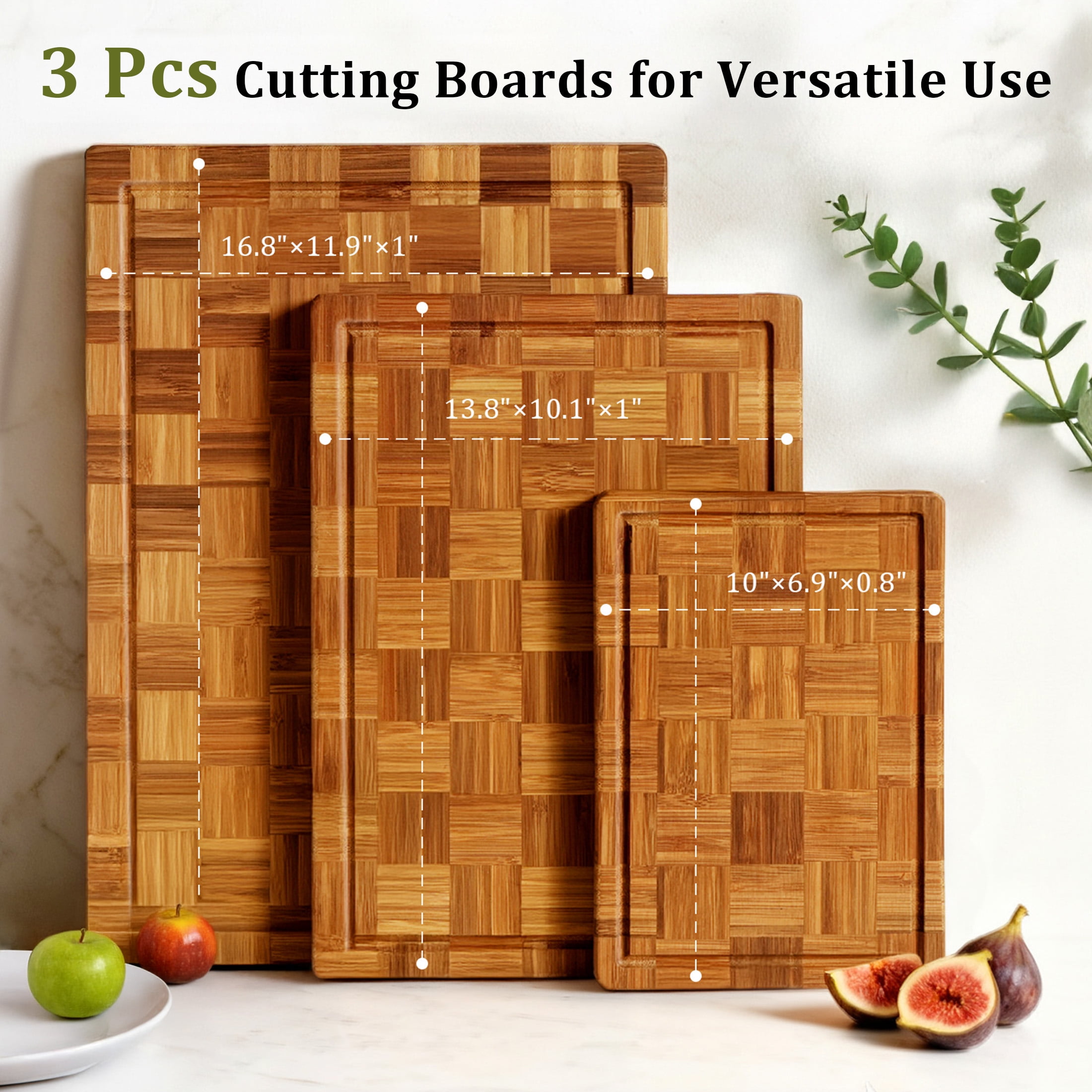 Kikcoin 4-piece Extra Large Bamboo Cutting Board, Wood Chopping Board for Kitchen with Juice Groove, Butcher Block End Grain Serving Tray