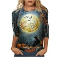 thumbnail image 2 of thefmos Women's 3/4 Sleeve Halloween Print T-Shirt Casual Loose Fit Spooky Season Round Neck Graphic Tops Fashion Fall Outfit, Black 3XL, 2 of 5