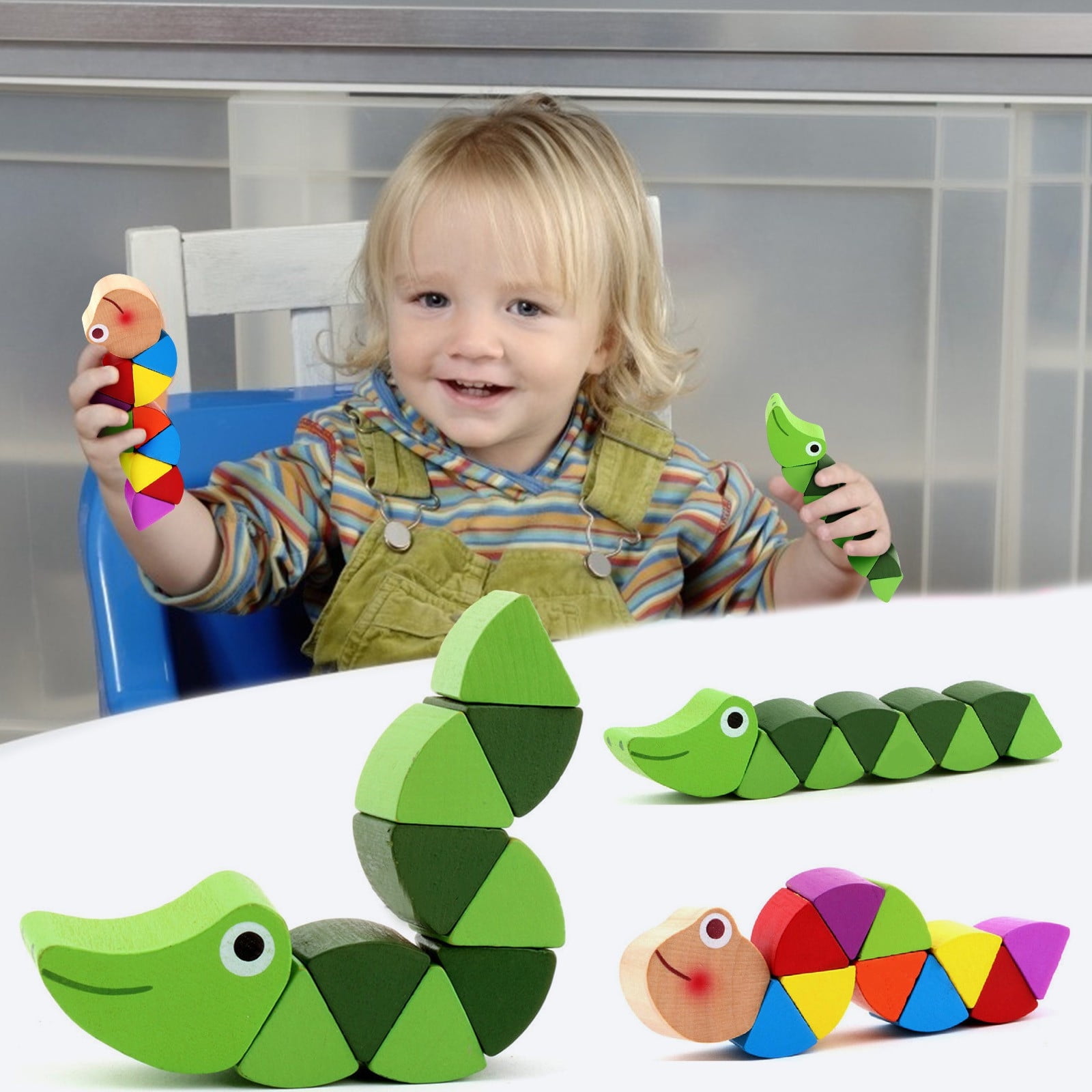 Colorful Baby Kids Twisted Wooden Wood Caterpillars Worm Educational Toy 