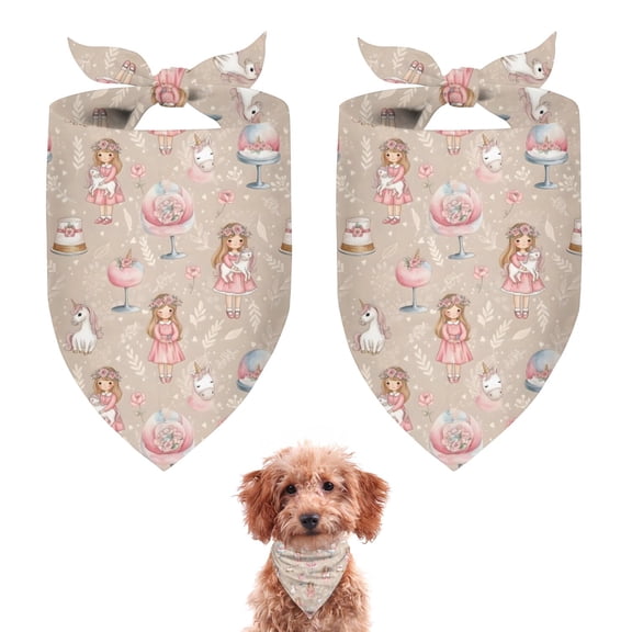 Dog Bandana 2 Pack,Beige Princess Unicorn Pattern Bandanas for Dogs,Cat Bandana,Small/ Large Dog Bandana 2 Size,Dog Bandanas